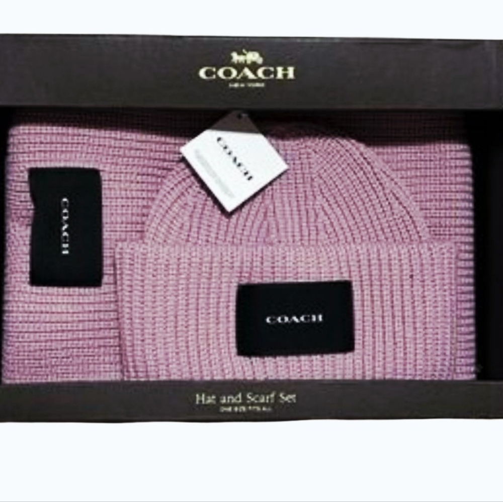 Coach‎ Patch Knit Beanie Hat & Scarf Set- Faded Pink